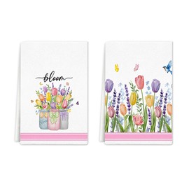 Rumkim Lavender Tulip Spring Floral Kitchen Towels Dish Towels, Flower Hand Towel 16x24 Inch Drying Dishcloth for Farmhouse Home Spring Decoration Housewarming Gift, Set of 2