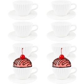 8 Sets Silicone Muffin Cups for Baking Reusable Cupcake Liners 16pcs Tea Cups and Saucer Silicone Cupcake Baking Cups for Afternoon Tea, White