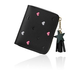 FuninCrea Women's Purse with Star Pendant, PU Leather Bag with Slots, Small Card Holder with Zip, Purse for Women with Embroidered Heart Pattern, black, Minimalist