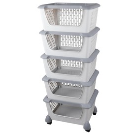 Kiddream 5 Packs Stackable Organizer Baskets with Wheels, Plastic Stacking Storage Basket Bins for Kitchen Bathroom