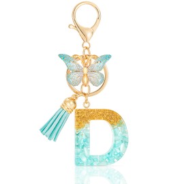 MWOOT Cute Initial Letter D Keyrings Green Key Ring,Capital Alphabet Gold Foil Resin Keychain Charm with Butterfly Tassel Pendant,Fashion Key Chain for Women Adult Gift Purse Bag Handbag Decor(D)