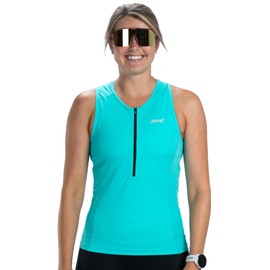 Zoot Women's Core Tri Tank, Performance Triathlon Race Tank Top, UPF 50+ Fabric, Rear Pockets, Mesh Panels, & Cam Lock Zipper - Aqua Blue - X-Large
