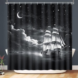 Lokigo Nautical Sailboat Shower Curtain, Marine Theme Sea Ocean Coastal Pirate Ship Anchor Sailor Moon Star Waves Curtains, Waterproof Fabric Shower Curtains Bath Decor, 72" x 72", Black & White