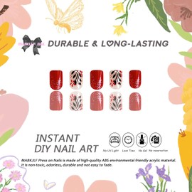 Fall Press on Nails Short Square MABKJLF Glitter Petite Fake Nails Full Cover Red False Nails with Flower Leaves Designs Glossy Glue on Nails Acrylic Nails Stick on Nails for Women Girls 24 Pcs