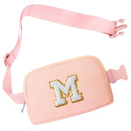 COSHAYSOO Pink Belt Bag Small Waist Fanny Pack Mini Crossbody Purse with Initial Letter for Teen Girl Women Travel Accessory Easter Birthday Gift, Cross Body Chest Pouch Preppy Christmas Stuff M