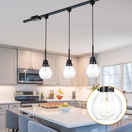 VINLUZ 3 Pack Black H-Type Track Pendant Lighting Fixtures with 40 Inch Track Lighting Rail & H Track Floating Canopy Connector Ceiling Light Fixtures Hanging with Clear Glass Shade