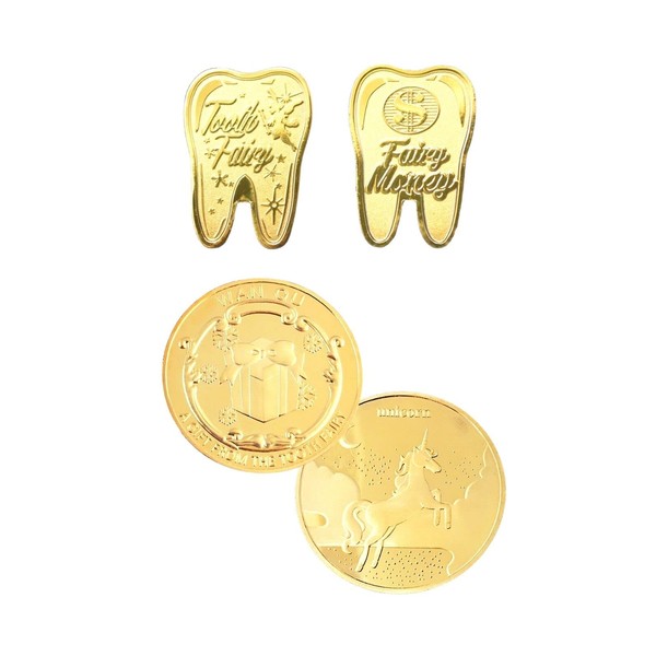 Rippem8 Tooth Fairy Coin Teeth Tooth Fairy Tooth Fairy Gold Coin Commemorative Tooth Replacement Tooth Shape 4 Pack (Type B)