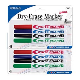 BAZIC Dry Erase Marker Assorted Color Fine Tip, Whiteboard Pen Marcador, Low Odor Markers White Board Pens for Office School Supplies (4/Pack), 2-Packs