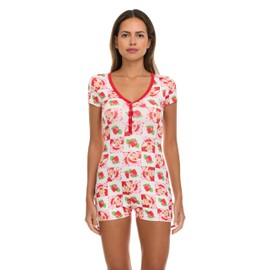 COCO BRANDS Womens Romper - 1 Piece Short Sleeve Strawberry Shortcake Pajamas Onesie Sleepwear for Women (Sizes: S-XL), Size Large, Pink & White Checkerboard/Strawberries