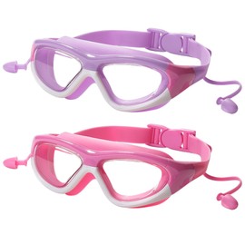 EDLMKM Kids Swimming Goggles 3-10 Years, Girls Swim Goggles For Children & Teens, Anti-Fog Anti-UV, Waterproof, No Leaking, Wide Clear View Soft Adjustable Swimming Goggle With Ear Plug