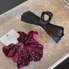 Velvet Hair Scrunchies Set, Burgundy with Rhinestones, Black Bow Hair