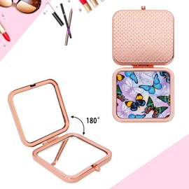 GLINTZ Compact Mirror for Purse, Double-Sided 1X/2X Magnifying Metal Pocket Makeup Mirrors(Square, Rose Gold Butterfly)