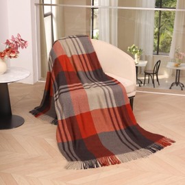 Oversized Cream Check Throw Blanket for Couch,100% Wool Throw Blanket for Home Decor, Soft Lightweight Cozy All Season Decorative Vintage Blankets for Travel,Bed, Sofa, Chair, Outdoor 2LBS