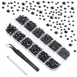 Beadsland 2500 pcs Black Flatback Rhinestones, Flatback Gems Round Black Crystal Rhinestones for Crafts Mixed 8 Sizes SS4 ~ SS30 with Picking Tweezers and Pen (Black)
