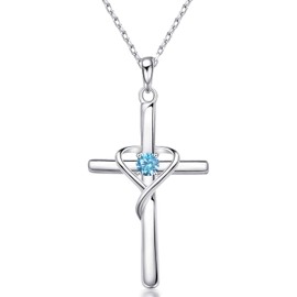 AmorAime 925 Sterling Silver Cross Necklace for Women Men 5A CZ Birthstone Necklaces Gifts for Festival, Vacation or Holiday (L.Blue-December-Blue Topaz)