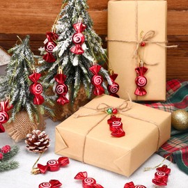 JULMELON 24Pcs Christmas Candy Ornaments Xmas Glitter Hanging Candy Cane Decorations Christmas Tree Candy Swirl Decor for Christmas Home Party Favor Supplies (Red)