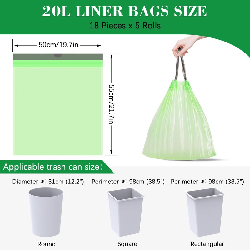 JelKen 90 Biodegradable Bin Liners 20L with Drawstring Tie Handle,