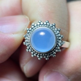 HQFJW Natural Round Stone Ring,Dainty Antique S925 Sterling Silver Crystal Quartz Gemstone Statement Ring for Women (A02_Blue Agate, 9)