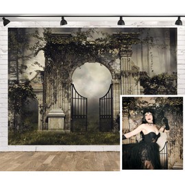 Loccor Gothic Backdrop Fabric 12x8ft Vintage Stone Garden Gates Backdrops Ivy Arch Dark Forest Photography Background Birthday Party Decorations Outdoor Wedding Banner Portrait Photo Booth Props