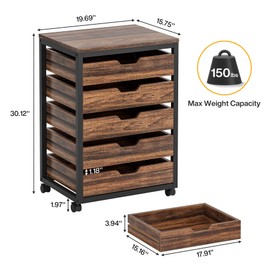 Tribesigns 5-Drawer File Cabinet, Wood Mobile Storage Drawer Unit, Industrial Office Cabinet with Drawers & Wheels, Rolling Printer Stand for Home Office (Rustic Brown)