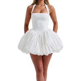 WNGECAT Women Sleeveless Halter Dress Casual Tie up Backless Corset Bubble Beach Party Dress (White, M)