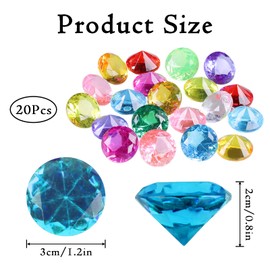 20Pcs Gemstones for Kids, Colorful Plastic Gems Suitable for Treasure Hunt, Diving Training and Party Decoration, 30mm Large Acrylic Diamonds