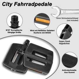 Bicycle Pedals, Bicycle Pedals City/Trekking, Comfort Pedal, Non-Slip Rubber Pedals, Bicycle Pedals Set Made of PP, Pedals Bicycle with Reflectors, StVZO, Comfort, Lightweight (Black)