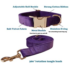 Velvet Dog Collar and Leash Set, Soft & Comfy Dog Collar and Leash, Heavy Duty Metal Buckle Adjustable Collars for Small Medium Large Dogs Training & Walking(XL-Collar Girth: 14.5"-23.6", Dark Purple)