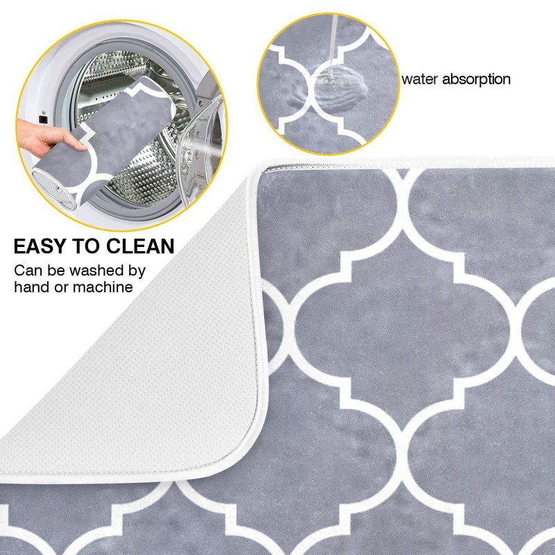 Moroccan Tile Gray Absorbent Dish Drying Mat Microfiber Dish Pat