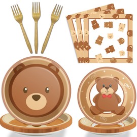 96 Pieces Bear Party Plates and Napkins for Baby Shower Table Supplies We Can Bearly Wait Baby Tableware Brown Bear Theme Dessert Plates Forks Decorations for 24 Guests Party Favors