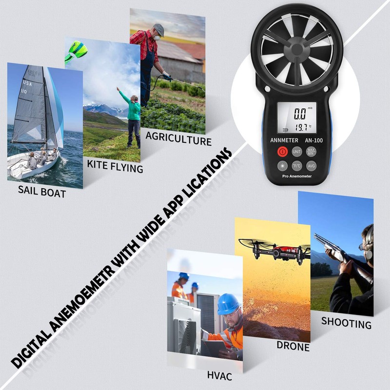 Digital Anemometer,Handheld Wind Speed Meter,Airflow Gauge Measures Wind Velocity Temperature