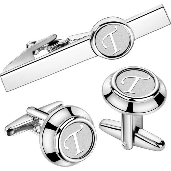 Mens Cufflinks and Tie Clip Set - Silver Initials T