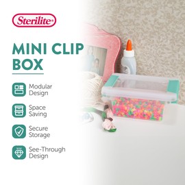 Sterilite Mini Clip Box, Stackable Small Storage Bin with Latching Lid, Plastic Container to Organize Office, Crafts, Clear Base and Lid, 12-Pack
