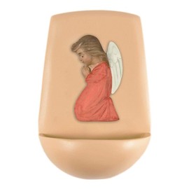 FRITZ COX Holy Pot "Angel, Wache über Me" | Kneeling Guardian Angel in Red Dress | with Brass Eyelet | Hand Painted | Great Communion and Christening Gift