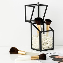 London Boutique Luxury Glass Makeup Brush Holder with Pearl Beads, 21cm Height, Dustproof Lid, Available in White/Black/Green (Black)