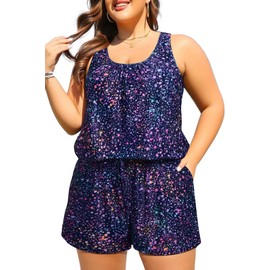 Tempt Me Plus Size Romper Swimsuits with Short - Women One Piece Boyleg with Pockets Bathing Suit Modest Swimwear Starry Sky XL