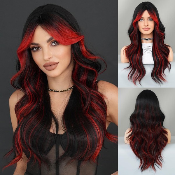 TRUMOST TRUMOST Black Red Highlight Long Wavy Wig with Curtain