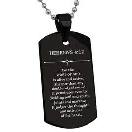 Tioneer Black Stainless Steel Living Word Hebrews 4:12 Dog Tag Pendant Necklace
