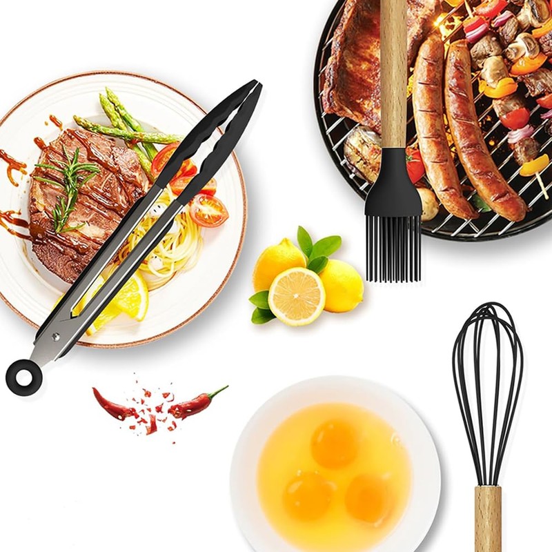 15-piece silicone wooden handle kitchen utensils set, kitchen gadgets (green
