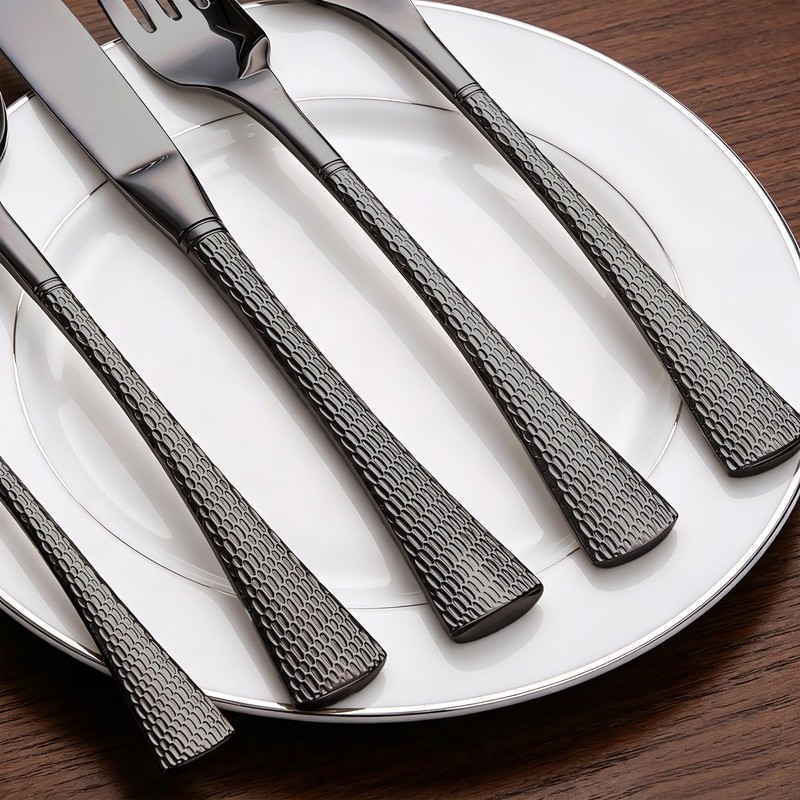 Hammered Black Stainless Steel 20-Piece Flatware Set