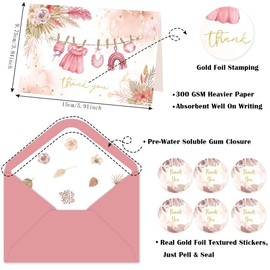 SolarGlory 50 Pack Pink Baby Shower Thank You Cards with Envelopes & Stickers for Girl, Floral Design Girl Thank You Cards Set Bulk for Baby Shower Gender Reveal Birthday Party.