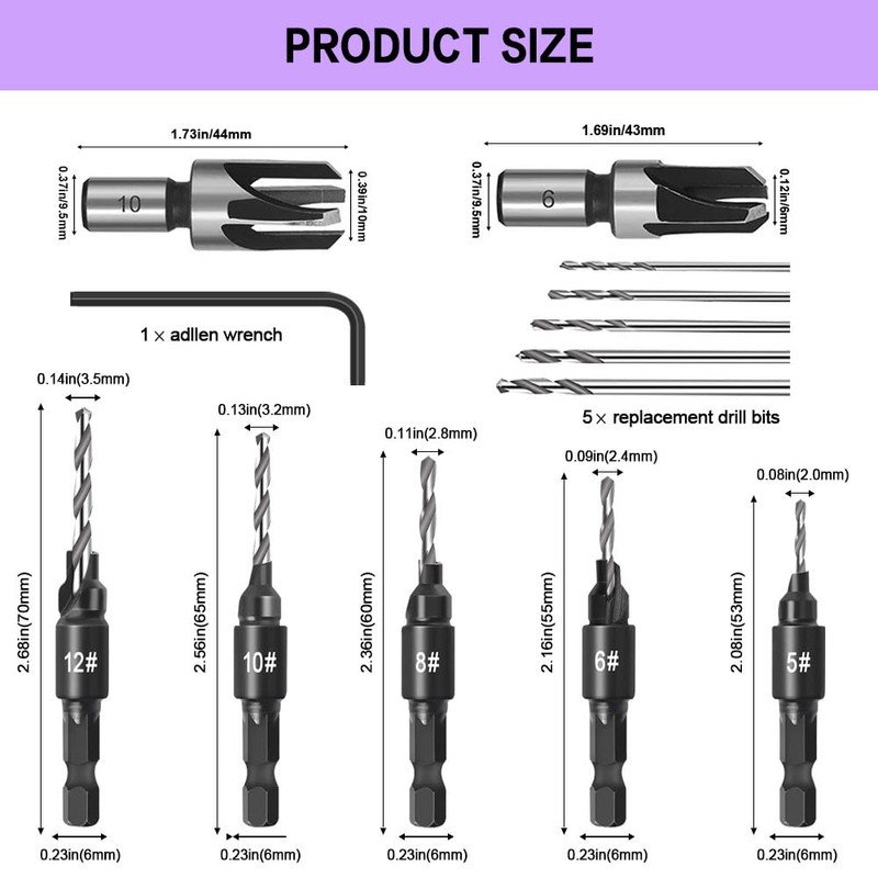 Countersink Drill Bit Set, 5 Piece Woodworking Chamfered Set with