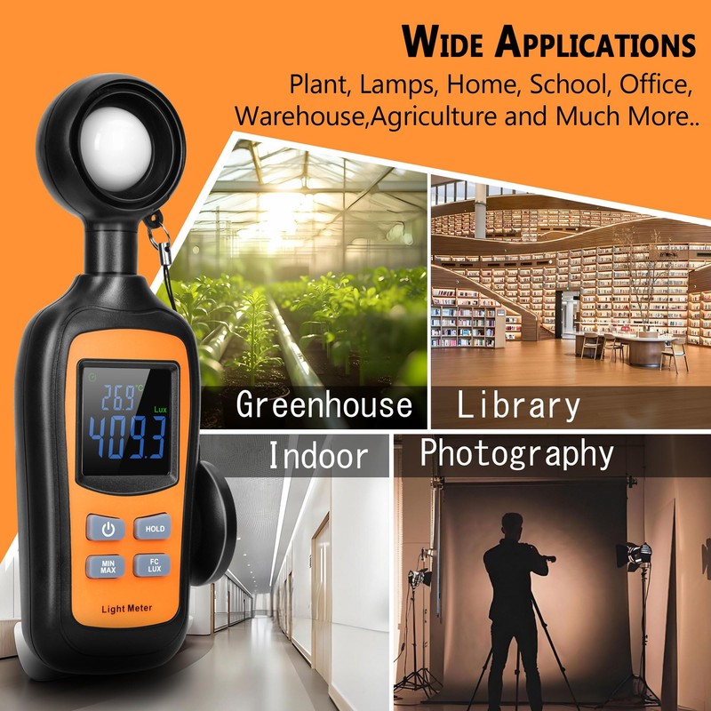 Digital Light Meter,V·Resourcing Handheld Illuminance Meter with Ambient Temperature Measurer,Range