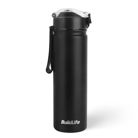 BuildLife 720ML Insulated Water Bottle with Straw,Leak Proof Double Walled Stainless Steel Metal Sports Water Bottles, BPA Free,Dishwasher Safe,Drinking Bottle for Travel,School,Gym (Black)