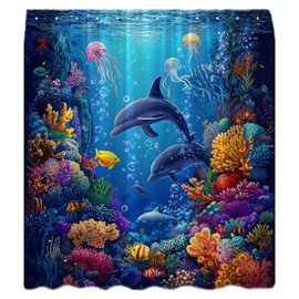 Dolphin Ocean Shower Curtain Blue Underwater World Sea Animal Tropical Fish Coral Reef Jellyfish Beach Nautical Cartoon Decor Bathroom Curtains Set with Hooks