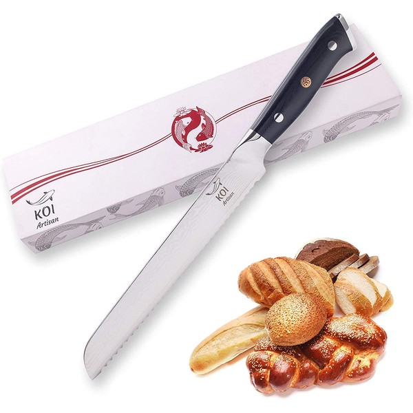 KOI ARTISAN Damascus Bread Knife - 8 Inch Razor Sharp Edge – Chef Knife 67 Layers of Japanese VG10 Super Steel - Military Grade G10 Handle Kitchen Knives