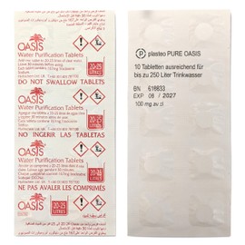 plasteo® Pure Oasis Water Purification Tablets Pack of 10 for up to 250 Litres of Water Sterilization | 100% Germ-free Drinking Water in 30 Minutes | 1 x Glove Made of PE | Emergency | Crisis