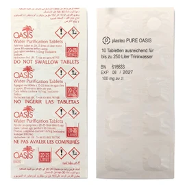 plasteo® Pure Oasis Water Purification Tablets Pack of 10 for up to 250 Litres of Water Sterilization | 100% Germ-free Drinking Water in 30 Minutes | 1 x Glove Made of PE | Emergency | Crisis