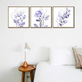 Purple Abstract Flower Canvas Wall Art, Smoky Rose Flower Printing Artwork, Abstract Watercolor Floral and Leaves Canvas Framed Wall Decor for Home Living Room Bedroom Bathroom 12"x12" Set of 3