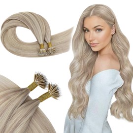 Ugeat Nano Bead Hair Extensions Human Hair Light Blonde with Ash Blonde for Salon Nano Ring Hair Extensions Real Human Hair Highlights Invisible Comfortable with Natural Shine 20 Inch 50S 50G
